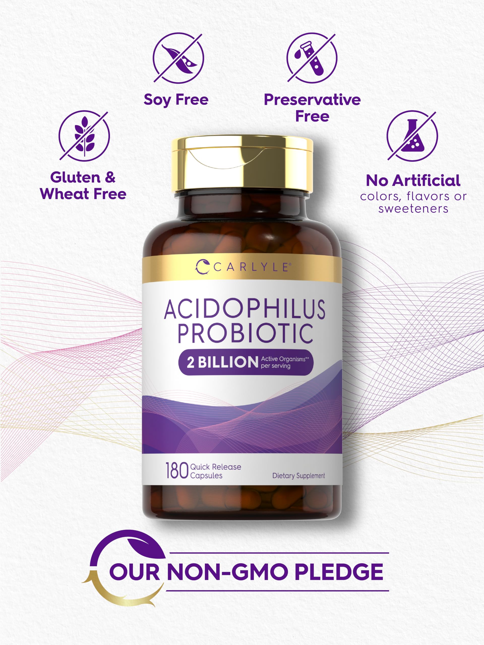 Carlyle Acidophilus Probiotic for Women & Men's Digestive Health | 2 Billion CFU | 180 Quick Release Capsules | Non-GMO & Gluten Free